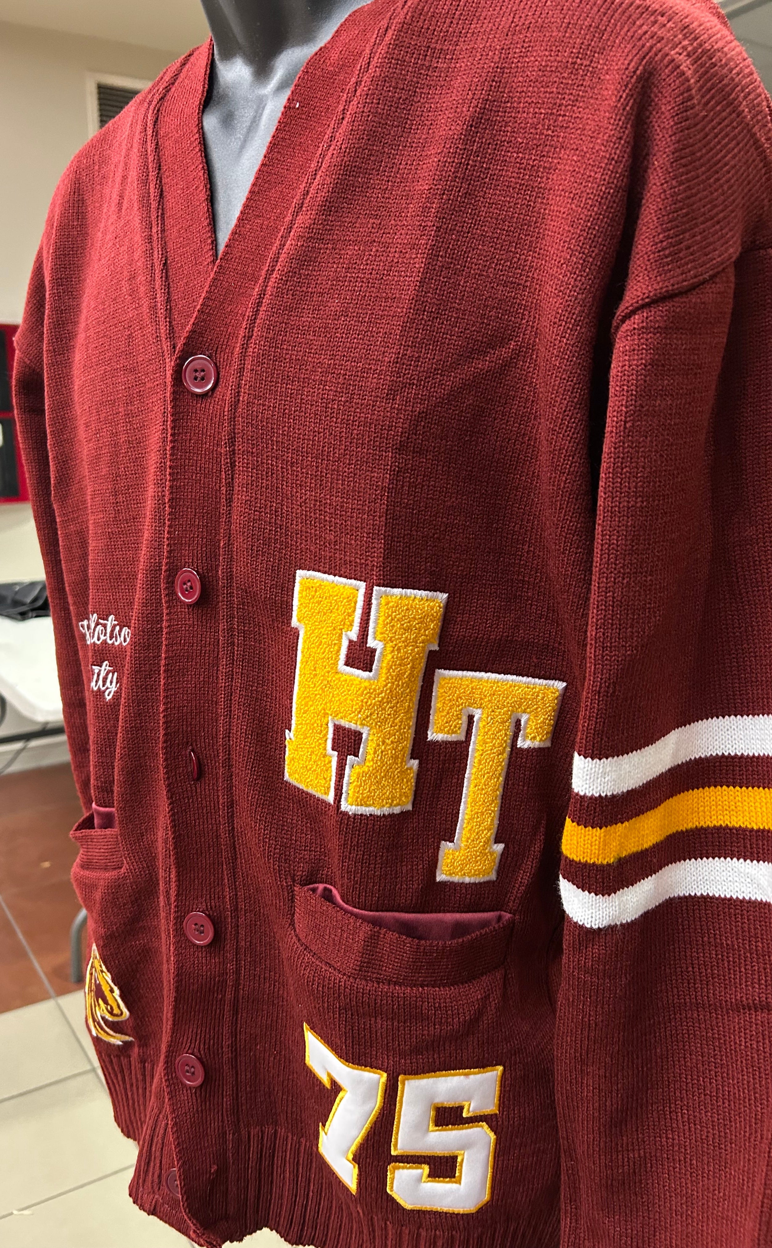 Huston-Tillotson University HBCU HT Rams Maroon Varsity Cardigan Sweater 6
