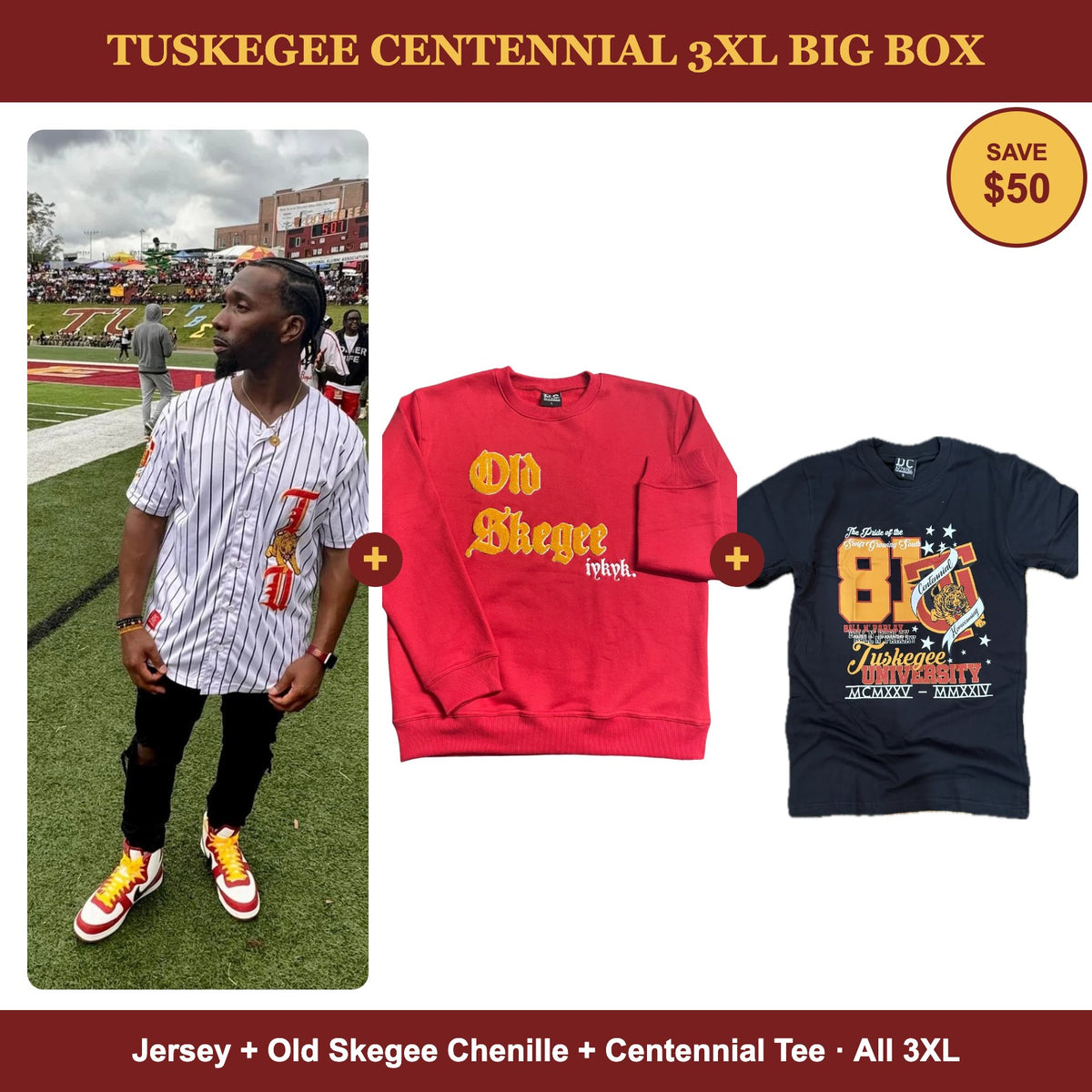 Tuskegee Centennial 3XL Big Box: baseball jersey, Old Skegee chenille and centennial tee