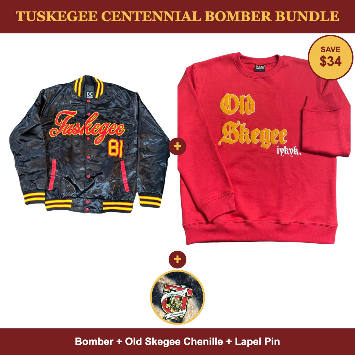 Tuskegee Centennial Bomber Bundle: bomber, Old Skegee chenille and lapel pin