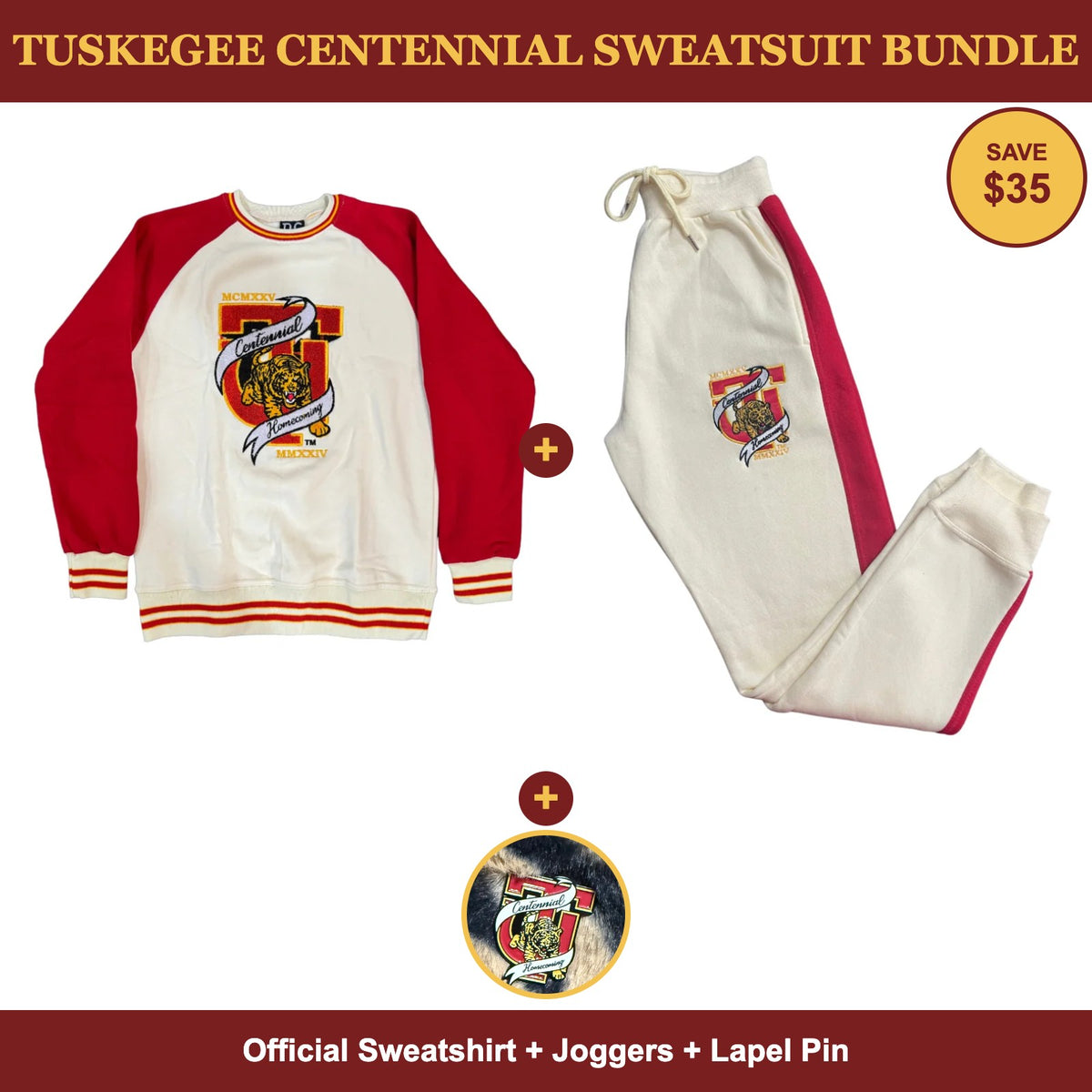 Tuskegee Centennial Sweatsuit Bundle: official sweatshirt, joggers and lapel pin