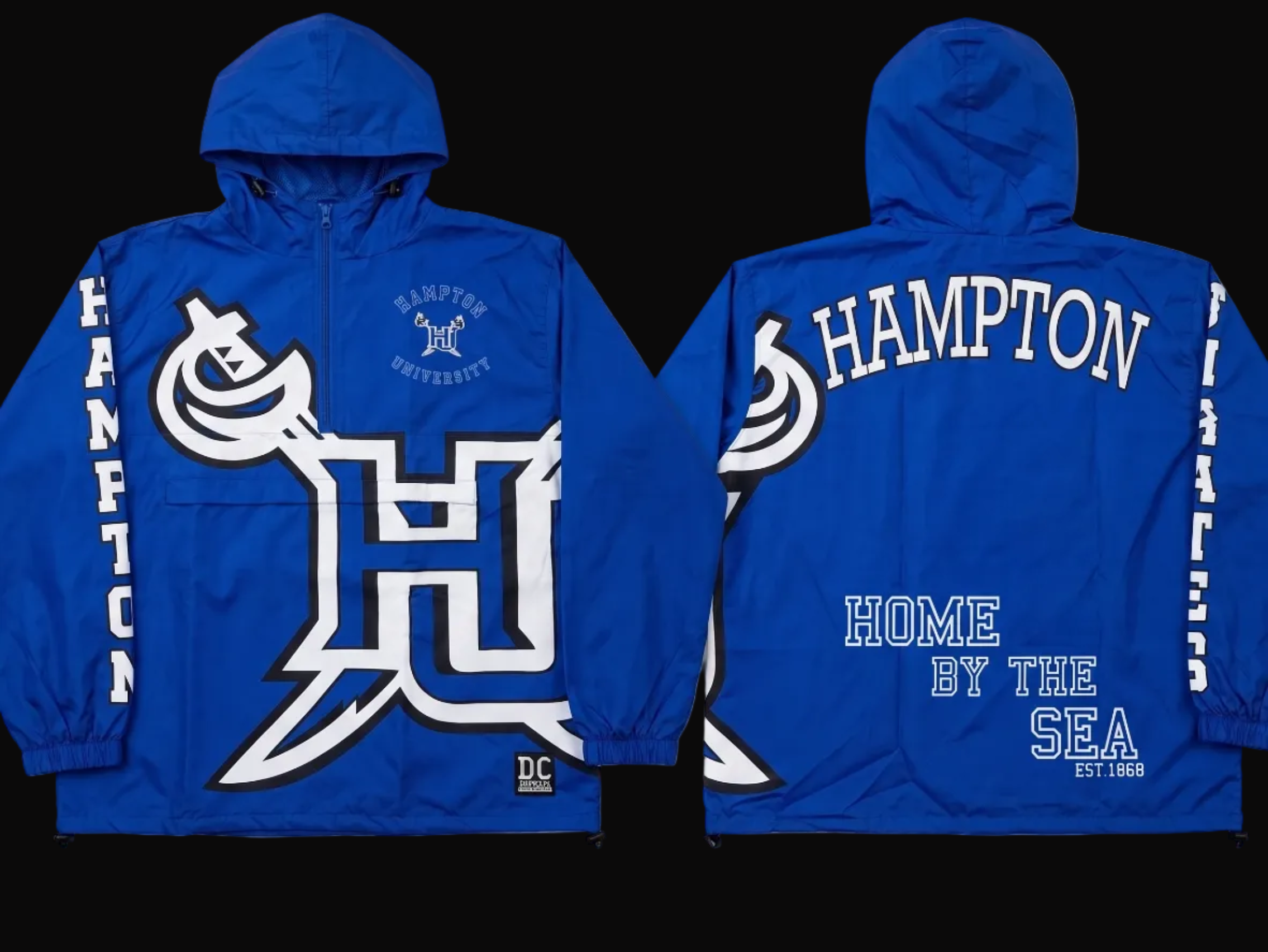 Front and back views of a royal blue hooded windbreaker jacket featuring Hampton University graphics, including a large white 'H' logo on the front, 'HAMPTON UNIVERSITY' on the chest, and 'HAMPTON HOME BY THE SEA' on the back.