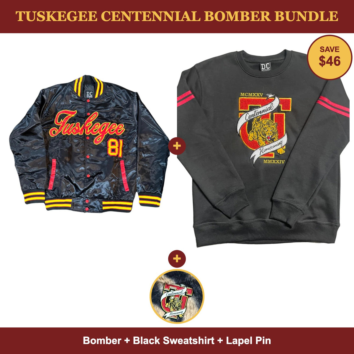 Tuskegee Centennial Bomber Bundle: bomber, black sweatshirt and lapel pin