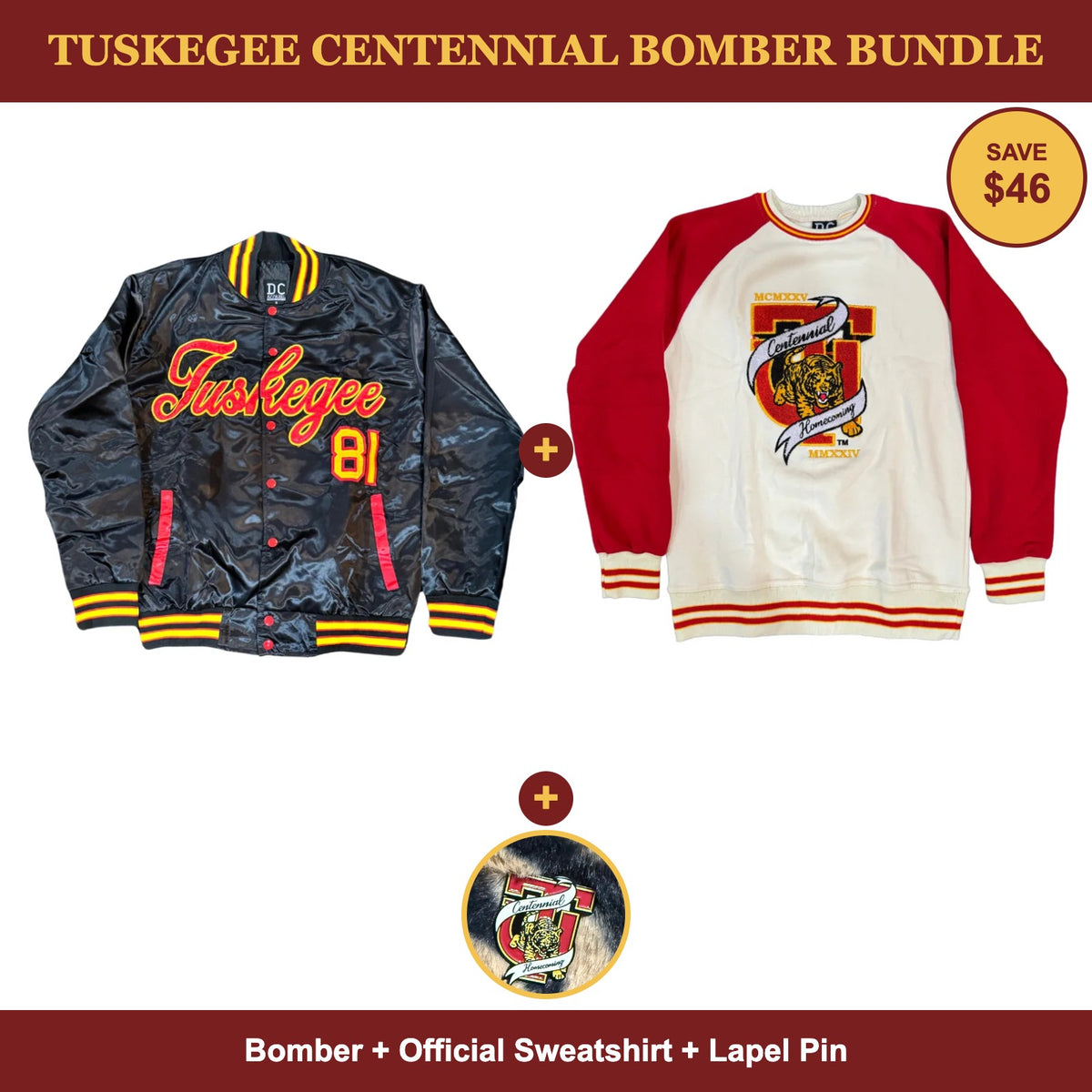 Tuskegee Centennial Bomber Bundle: bomber, official sweatshirt and lapel pin